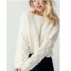 moon & madison Anthropologie White chunky Knit Balloon Pom Pom Sleeve Sweater 🆕